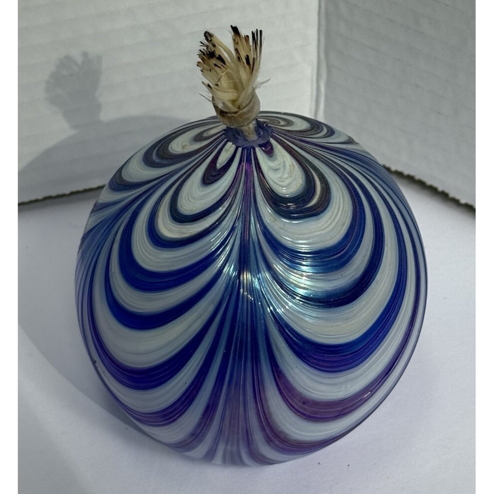 Hand Blown art glass oil lamp Blue & White Iridescent With Wick Sphere Globe